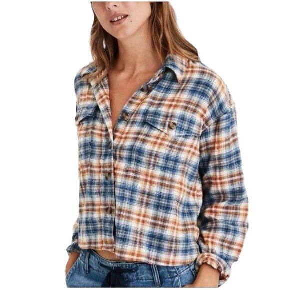 American Eagle Outfitters Crop Plaid Flannel Button Up Shirt Blue Orange Size M - Picture 1 of 8